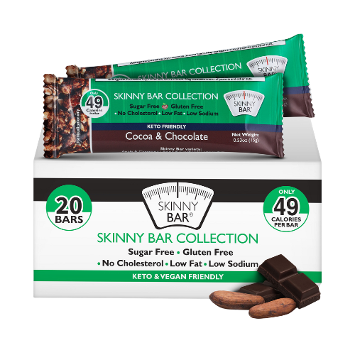 Skinny Bars Sugar Free, Vegan Friendly - Cocoa & Chocolate Gluten Free Snacks 20 pcs