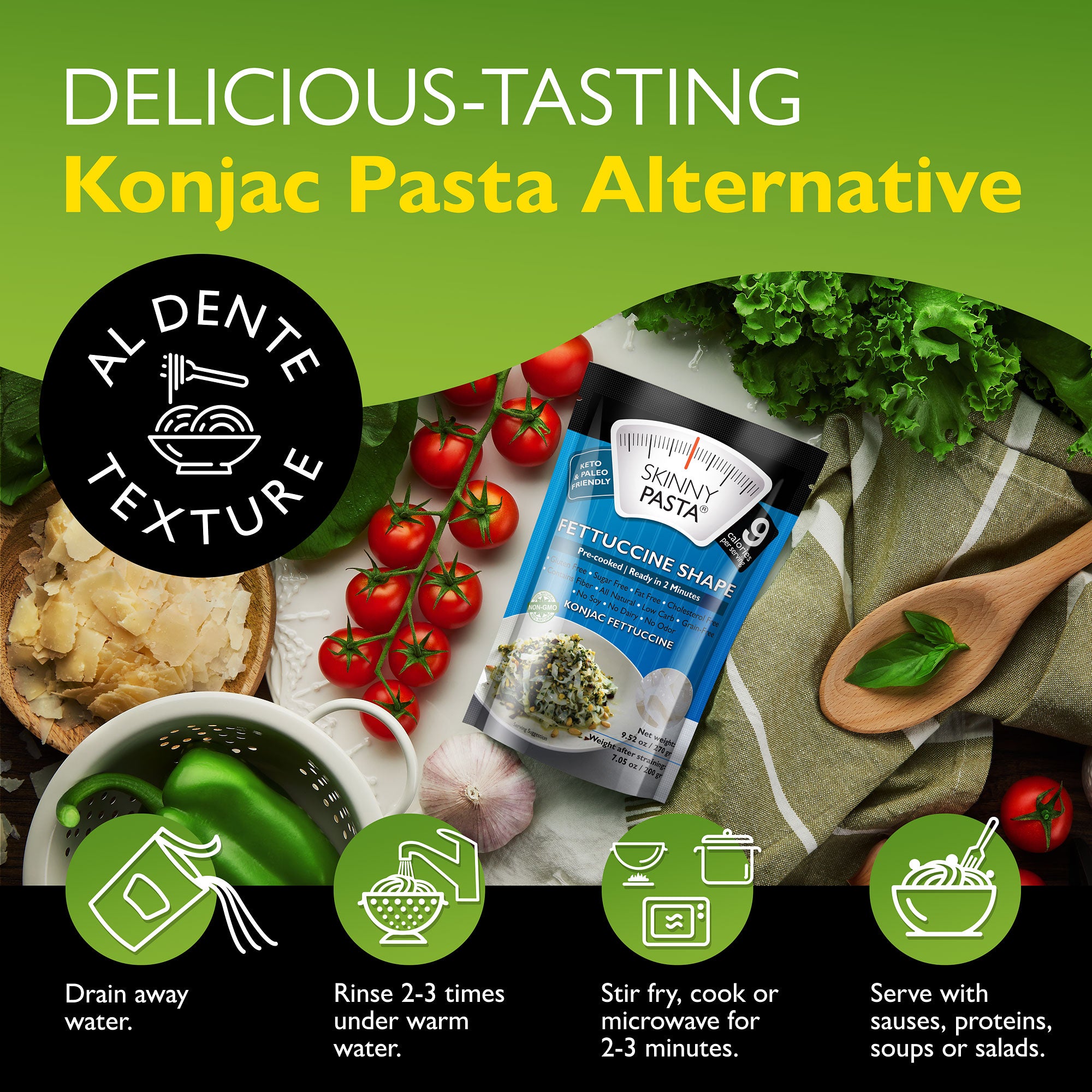 Skinny Pasta 9.52 oz - The Only Odor Free 100% Konjac Noodle - Low Calorie Food - Fettuccine - 24 Pack
