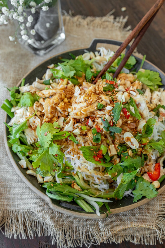 Chicken and Cucumber Salad with Teriyaki Peanut Sauce and Skinny Noodles