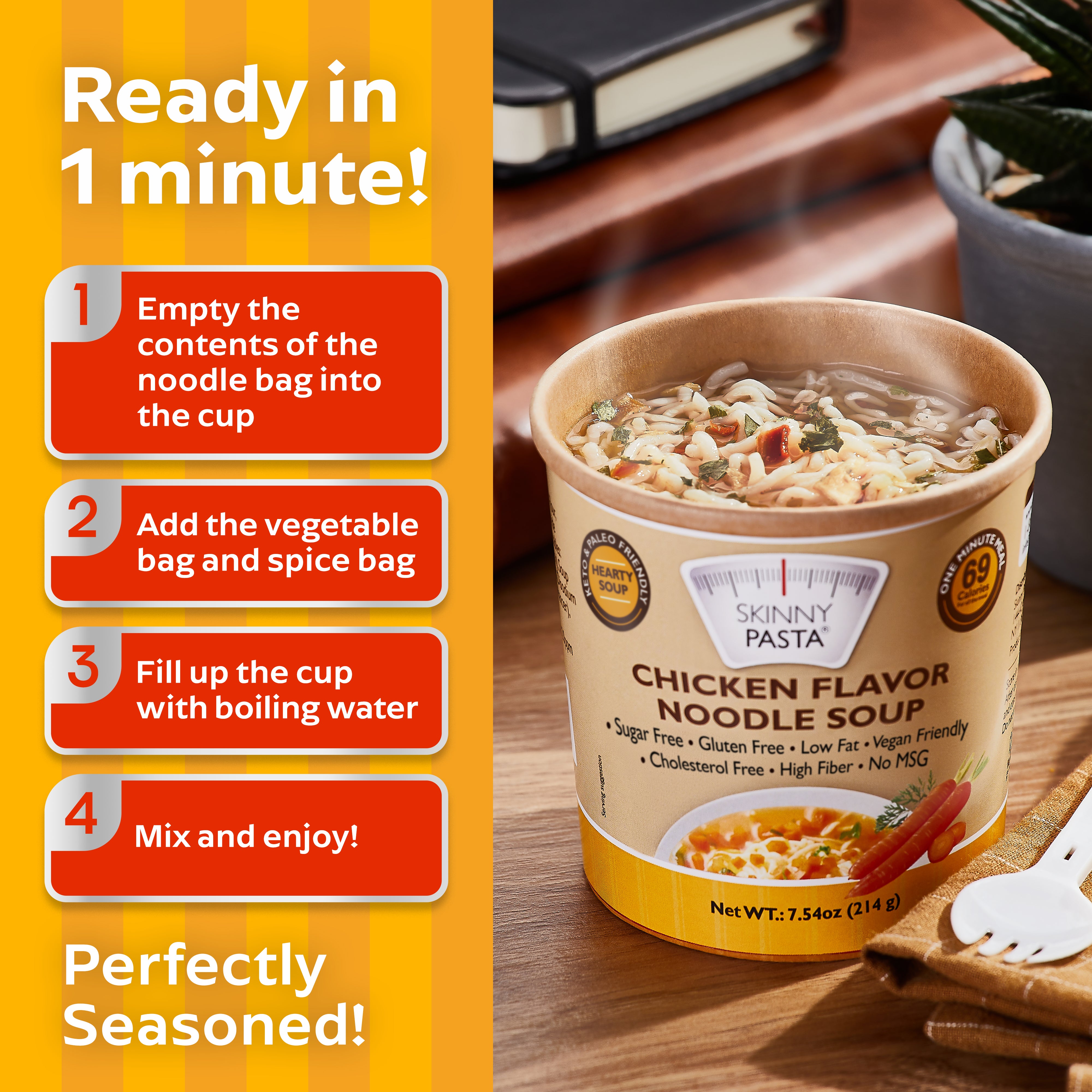 Skinny Soup Chicken Flavor - 6 Pack : Instant, Low-Calorie, Ready-to-Eat Noodles