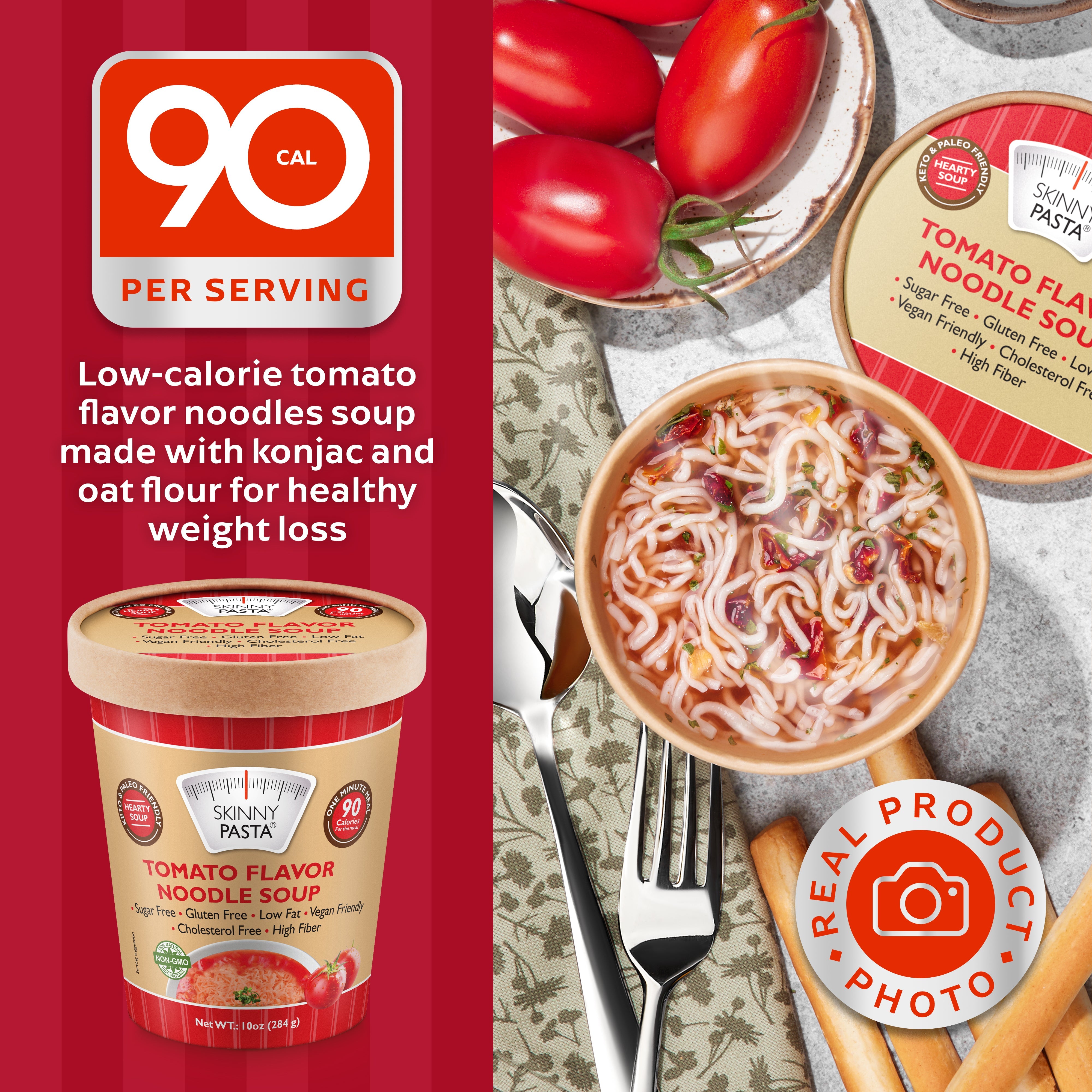 Skinny Soup Tomato Flavor - 24 Pack: Instant, Low-Calorie, Ready-to-Eat Noodles