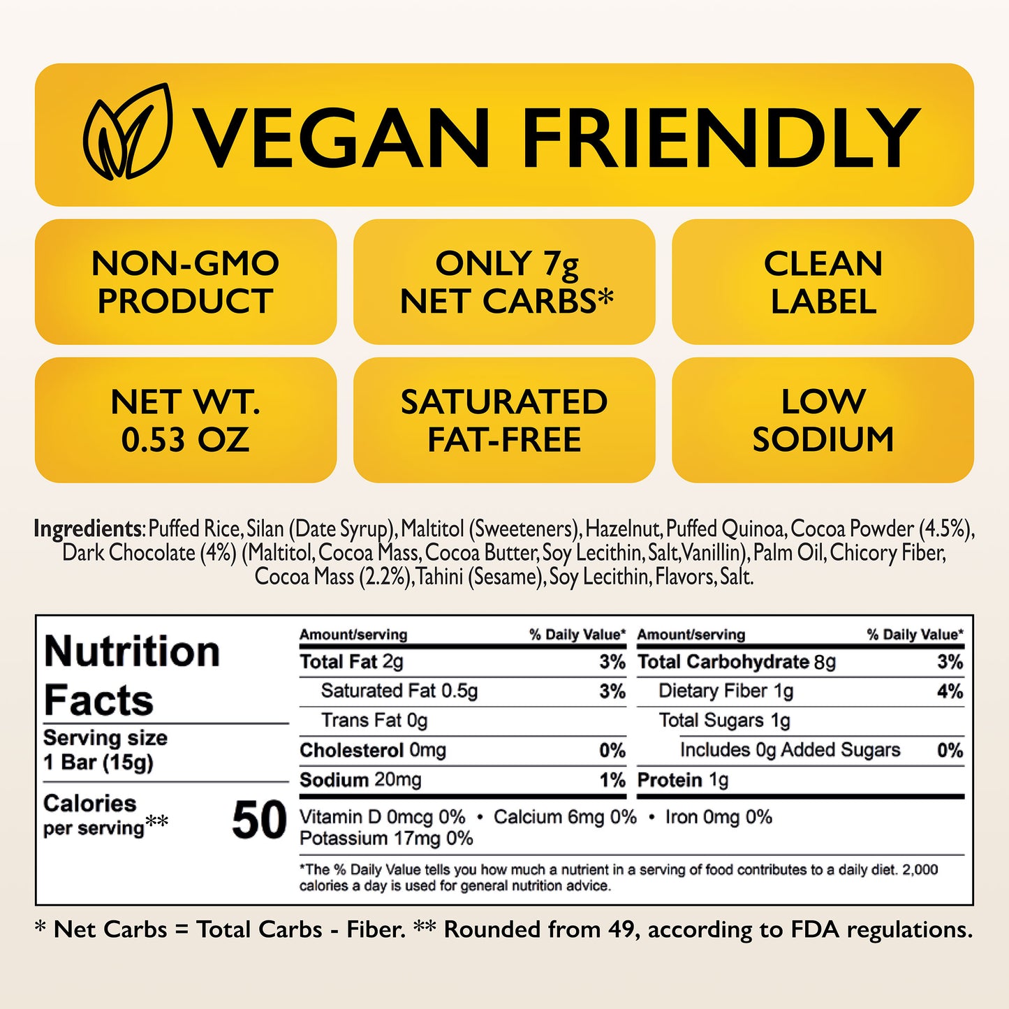Skinny Bars Sugar Free, Vegan Friendly - Cocoa & Chocolate Gluten Free Snacks 20 pcs