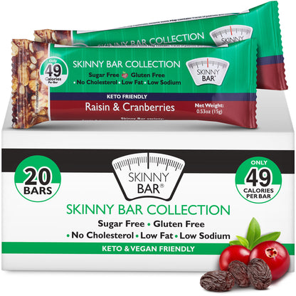 Skinny Bars Sugar Free, Vegan Friendly - Raisin & Cranberries Gluten Free Snacks 20 pcs